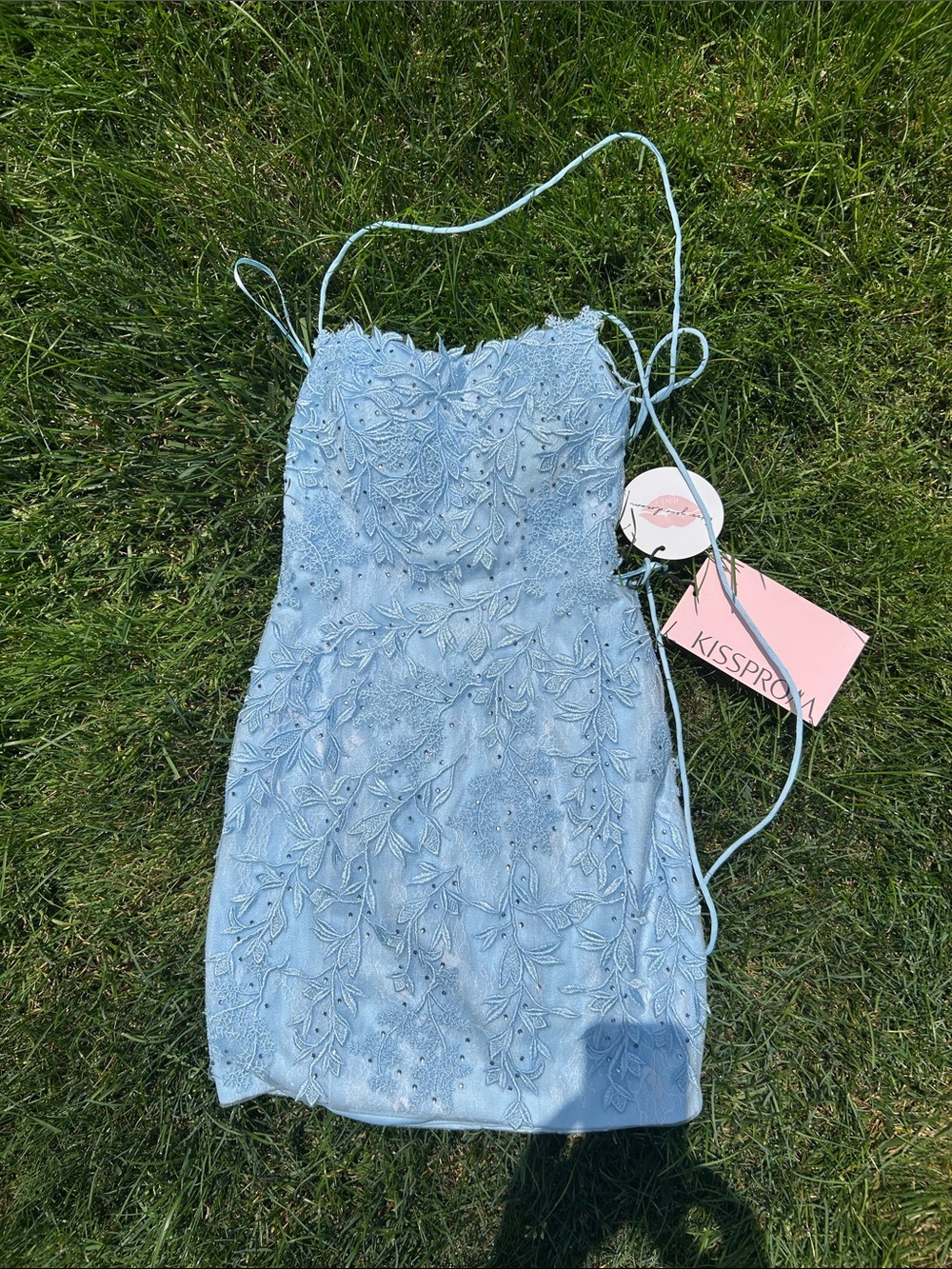 Spaghetti Strap Light Blue Lace Prom Dress